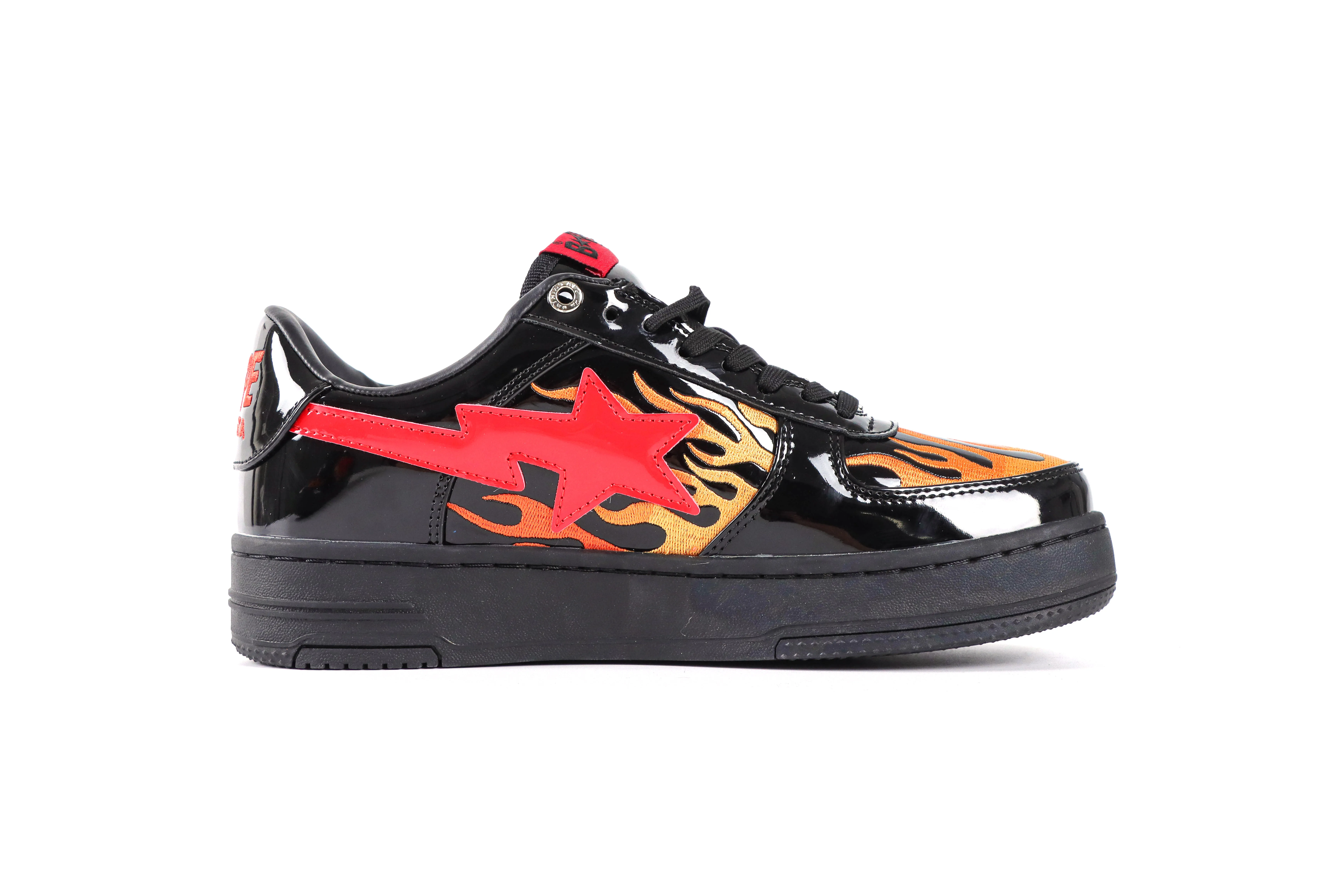 BAPE STA Black Orange Flame Patent Leather Sneakers Right side View