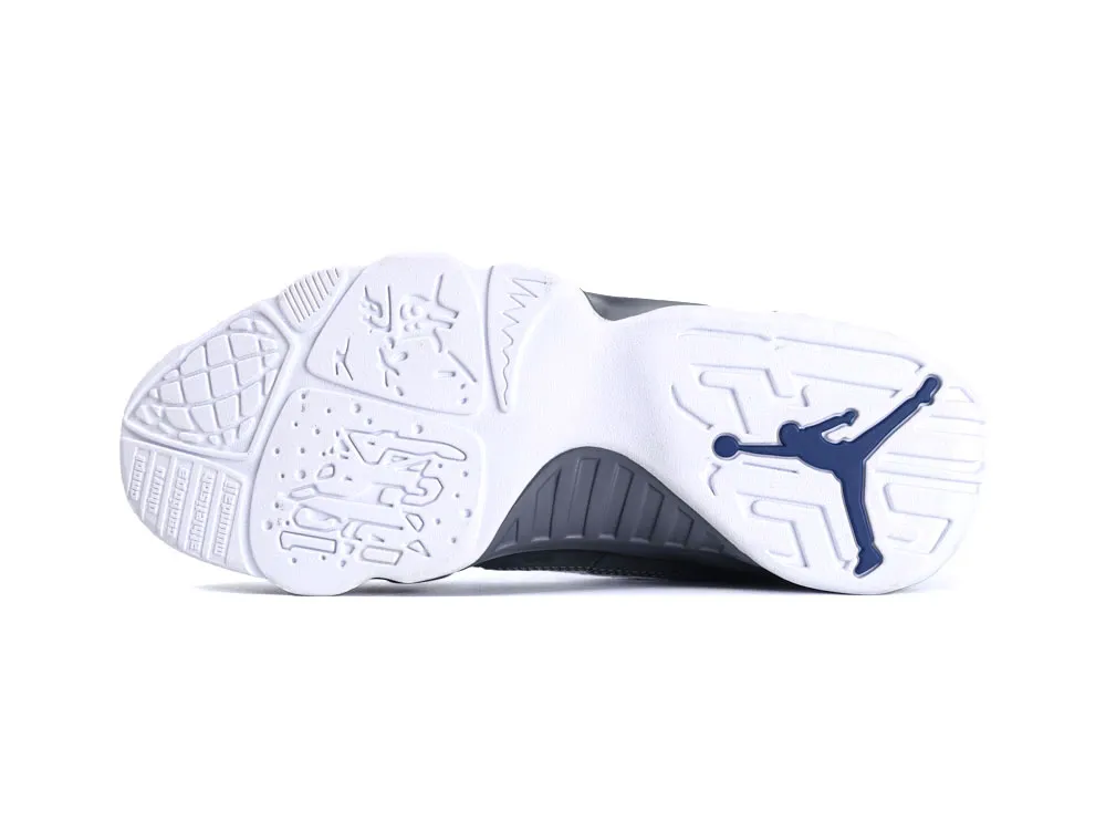 White rubber sneaker sole with blue logo and intricate traction patterns.