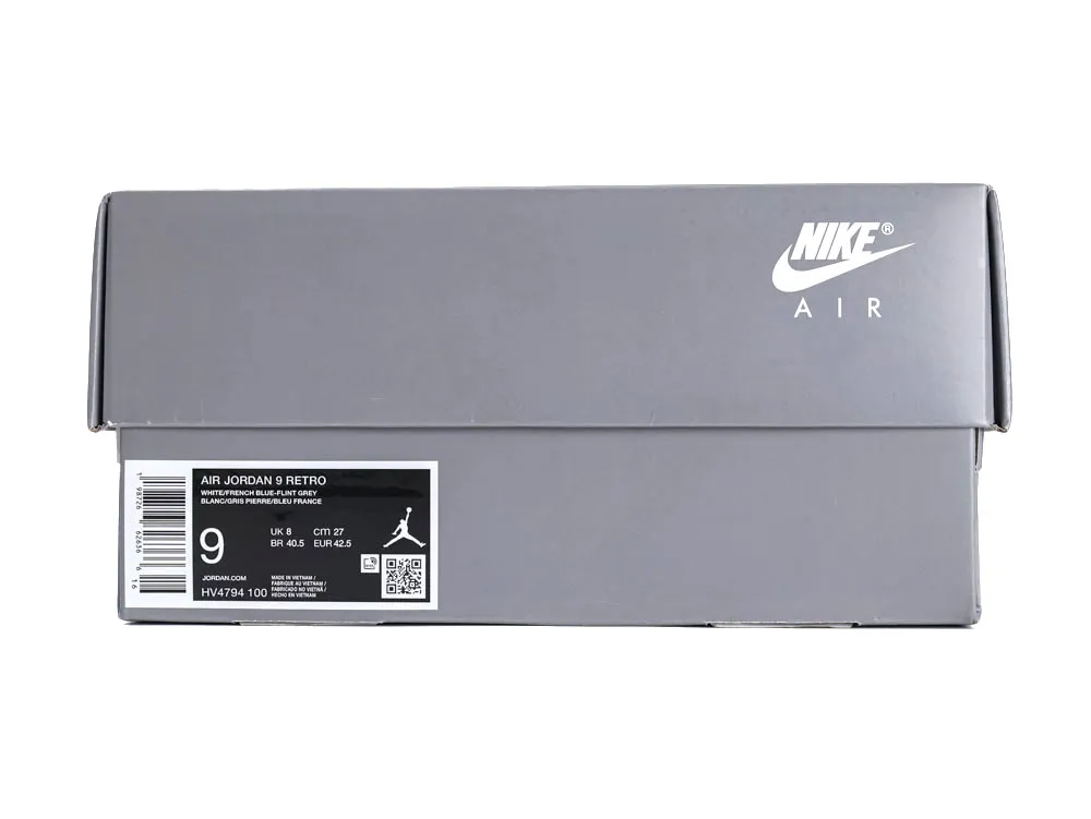 Gray cardboard box with white Nike Air logo and product label on side.