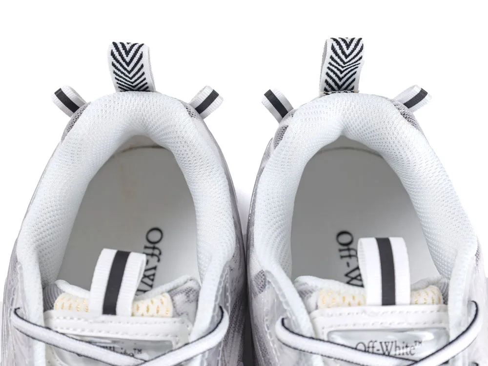 White and gray mesh sneakers with black-striped loop at the heel for easy pull-on.