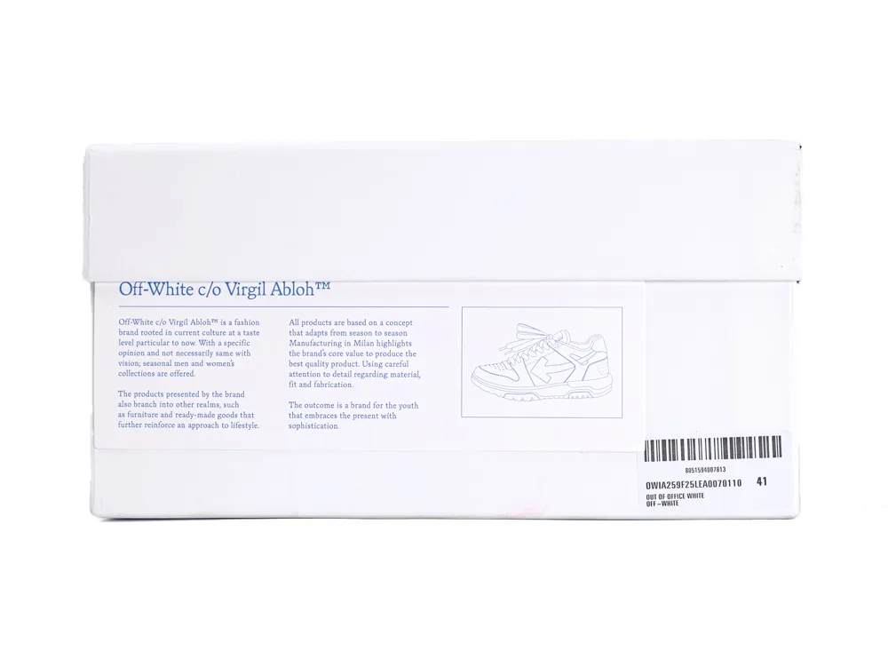 White cardboard shoe box with blue text and line drawing on the side.