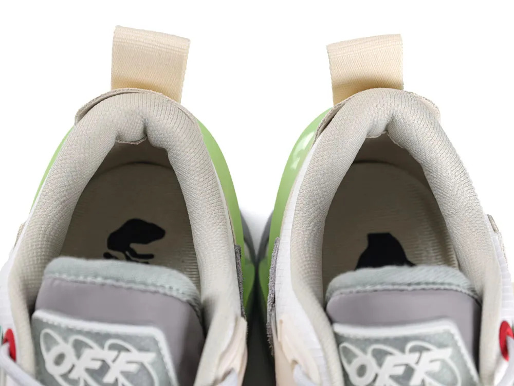 Green and gray sneaker with a beige pull tab and fabric lining.