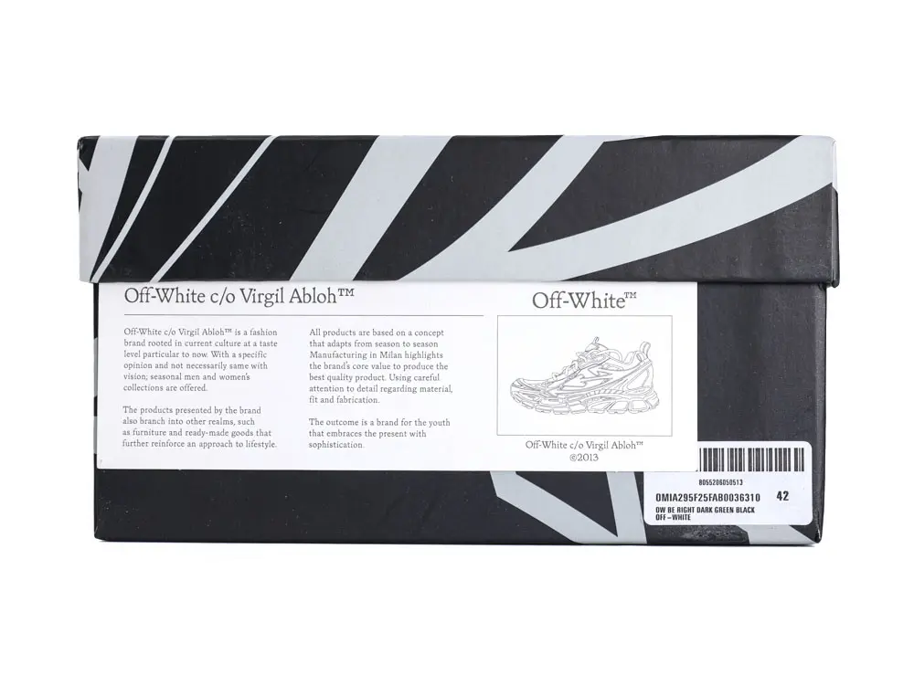 Off-White branded shoe box with black and white diagonal stripe design, side label visible