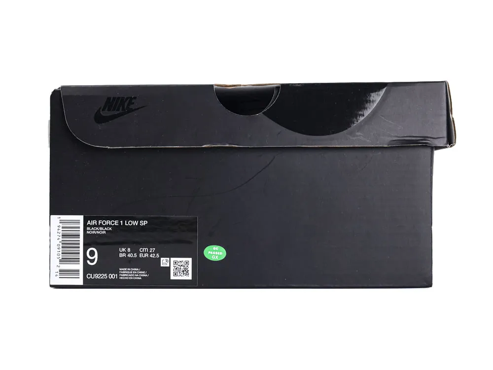 Black cardboard shoe box, featuring product label with size and specifications.