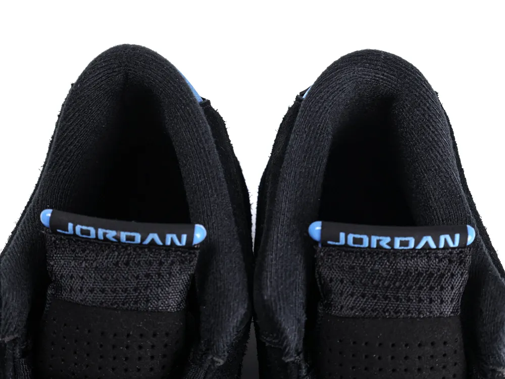 Black fabric shoe collars with blue accents and "Jordan" text in white lettering.