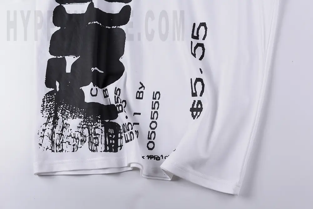 White shirt with logo printed on the front.