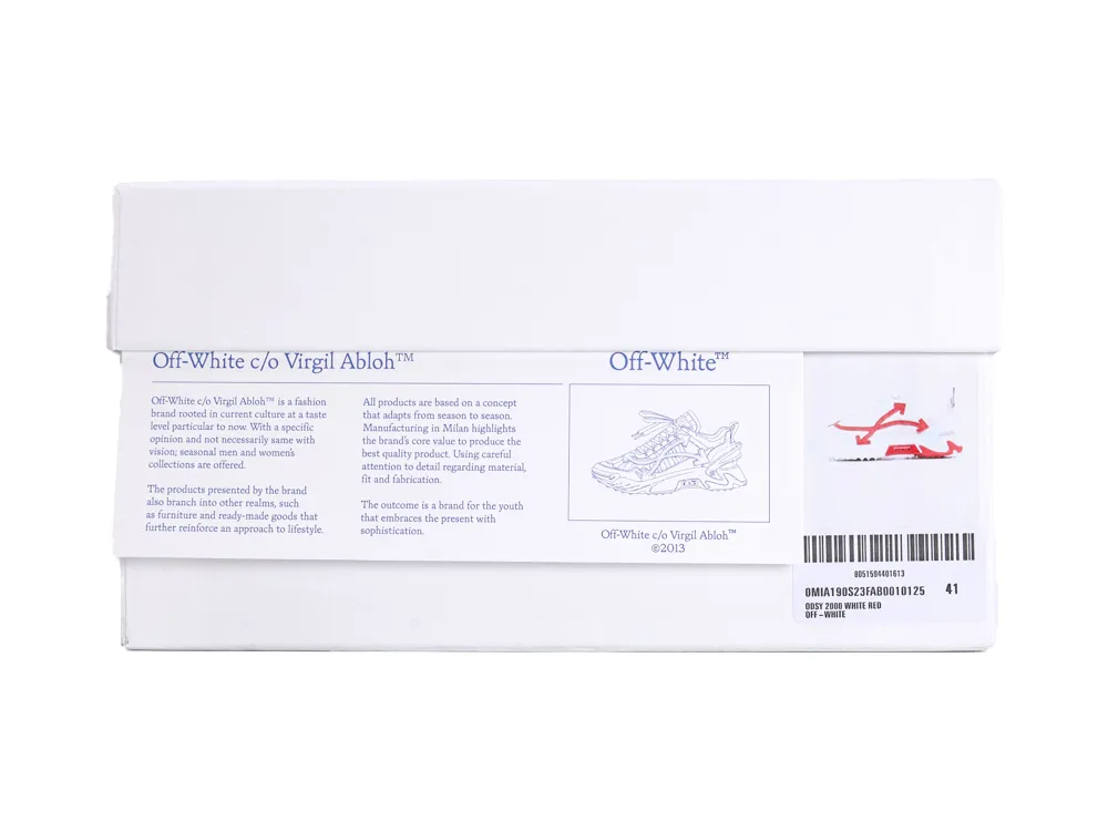 White Off-White shoebox with product identification labels