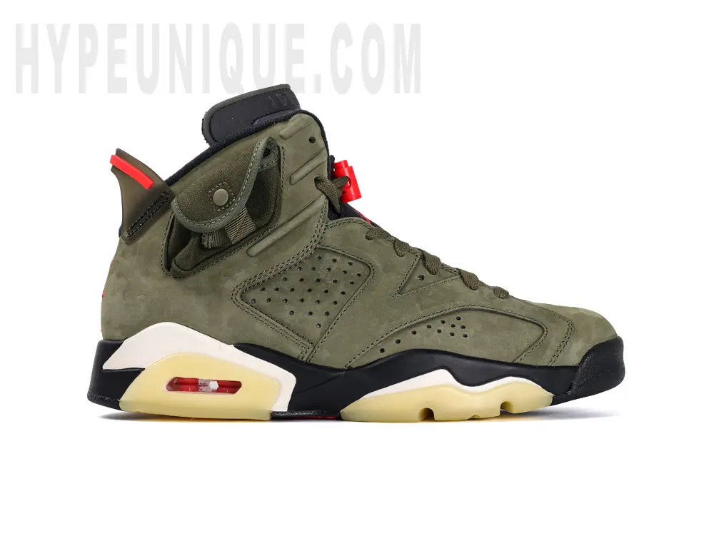 A front view of the lateral side of the right shoe of the Travis Scott x Air Jordan 6 Retro 'Olive' Reps.