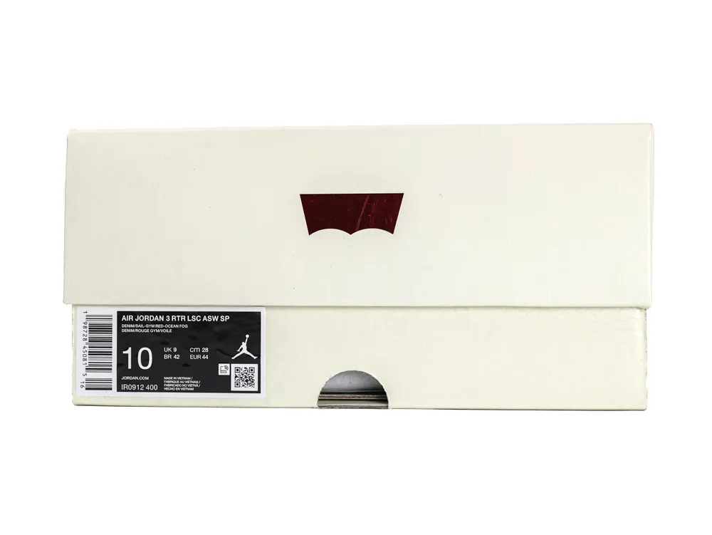 Off-white shoebox with a red Levi's "Batwing" logo and a product label for the Air Jordan 3 Retro.