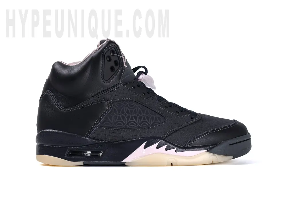 Medial side view of the right shoe of the Jordan 5 Retro PSG Paris Saint-Germain ‘Off Noir’, showcasing the all-black design and black woven textile upper.