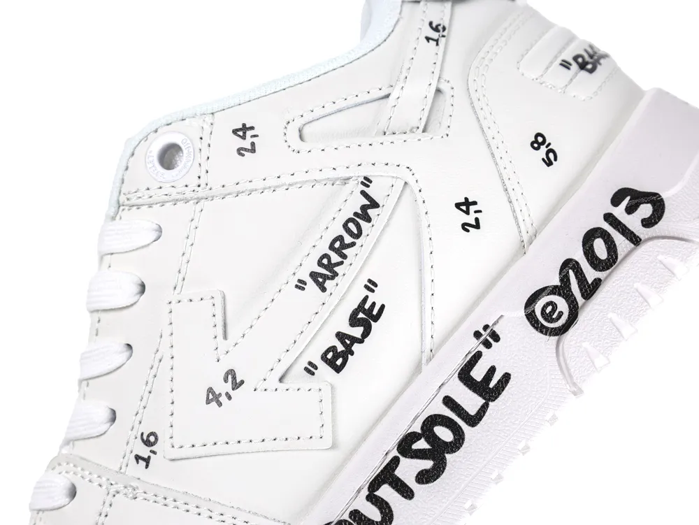 White leather sneaker with black text and arrow design, emphasizing side and sole.