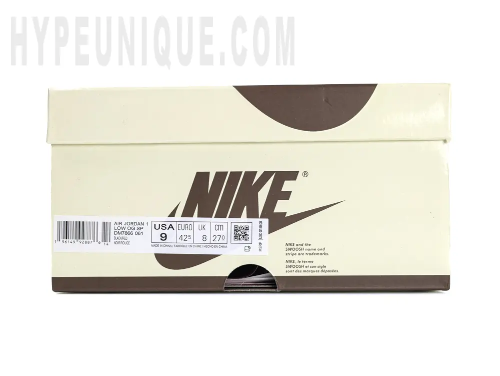Beige shoe box with size and shoe SKU information label on the lower left corner.