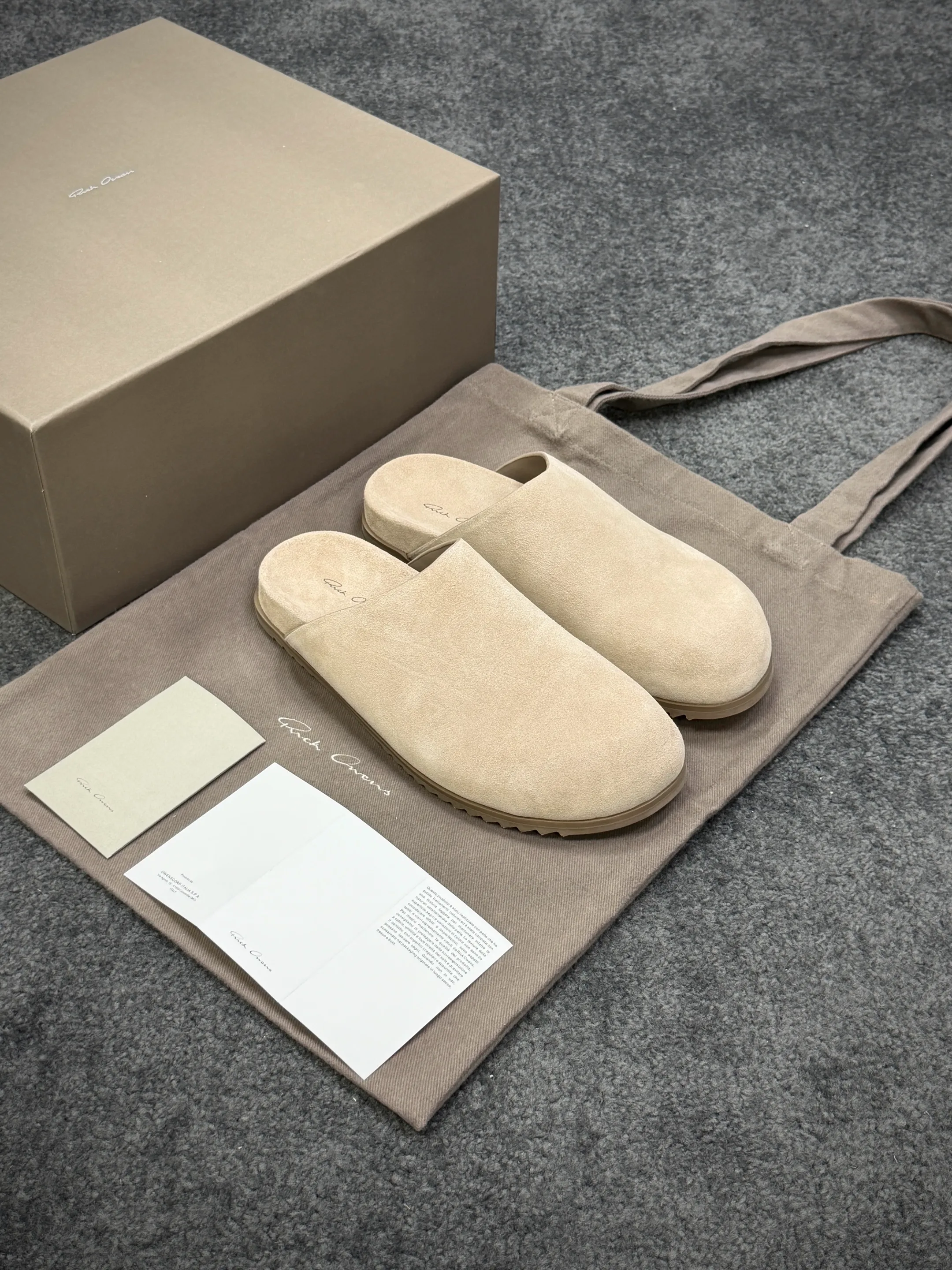 R 0wens Beige Leather Granola Mules Angeled View with Shoe Box