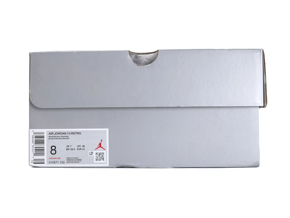 Gray cardboard shoe box, labeled "Air Jordan 13 Retro," displaying product information.