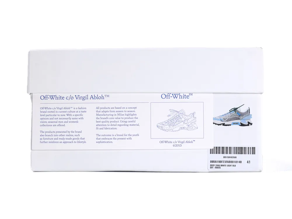 White and light blue cardboard shoe box with detailed illustrations and text.